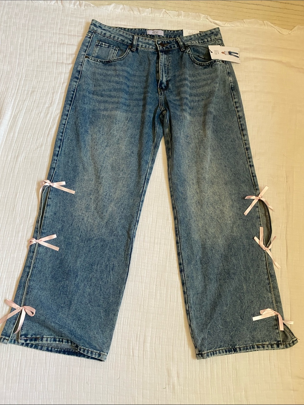RISE 100% Cotton Women’s Blue Wide-Leg Denim Jeans with Pink Ribbon Details